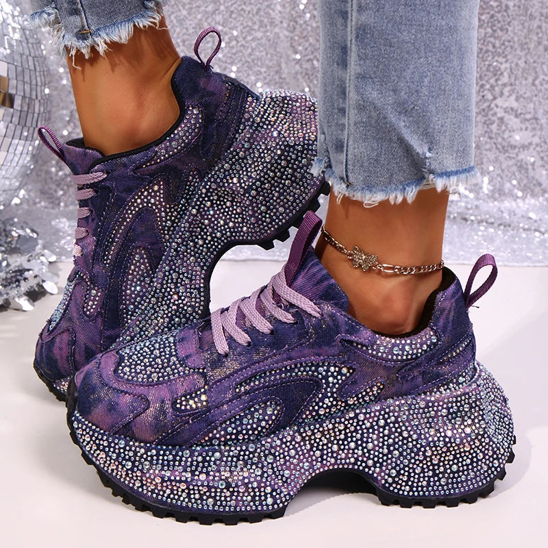 Luxury Rhinestone Chunky Sneakers for Women Fashion Purple Denim Platform Sports Shoes Woman Non Slip Thick Sole Vulcanize Shoes sneakers_platform