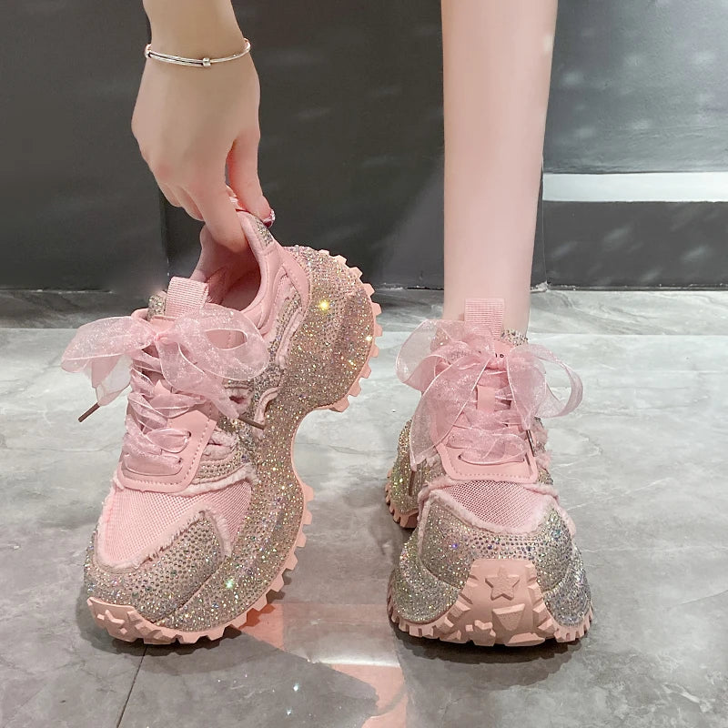 Women's Sneakers Lace-Up High Heel Platform Crystal Working Shoes Wearing Night Running Shoes Star Dazzling Diamond Shoes sneakers_platform