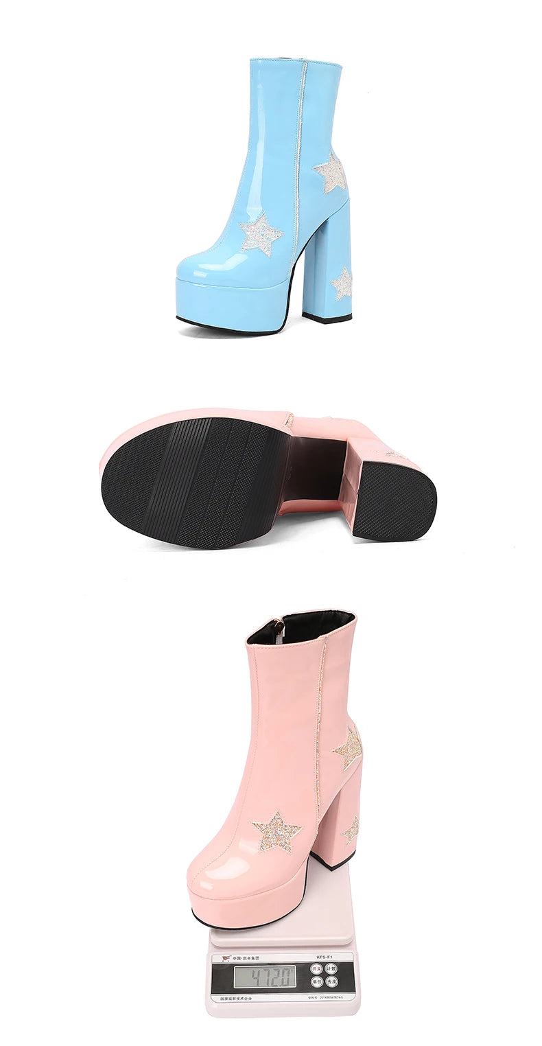 Plus Size Shiny Patent Leather Inlaid With Five-Star Sequin Cloth Super High Platform Women's Short Boots Side Zipper Sweet Boot boots_platform