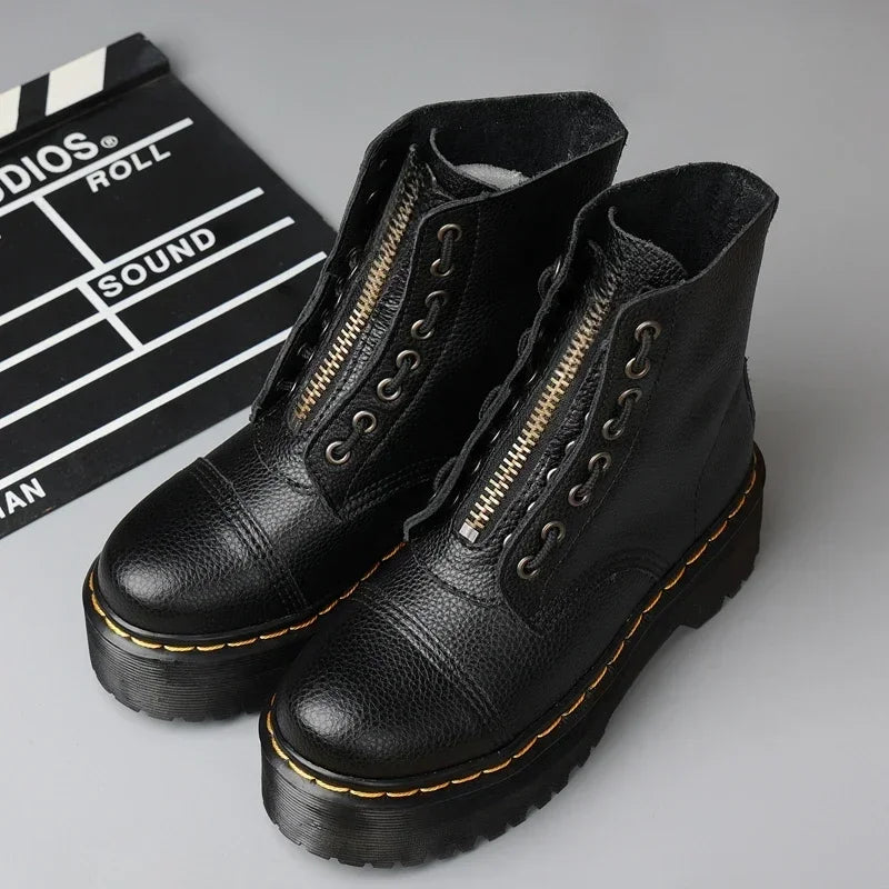 Women Boots Genuine Leather Platform Boots Motorcycle Shoes Front Zipper Optical Soles Fashion Sexy Punk Men Winter Boots 35-44 boots_platform
