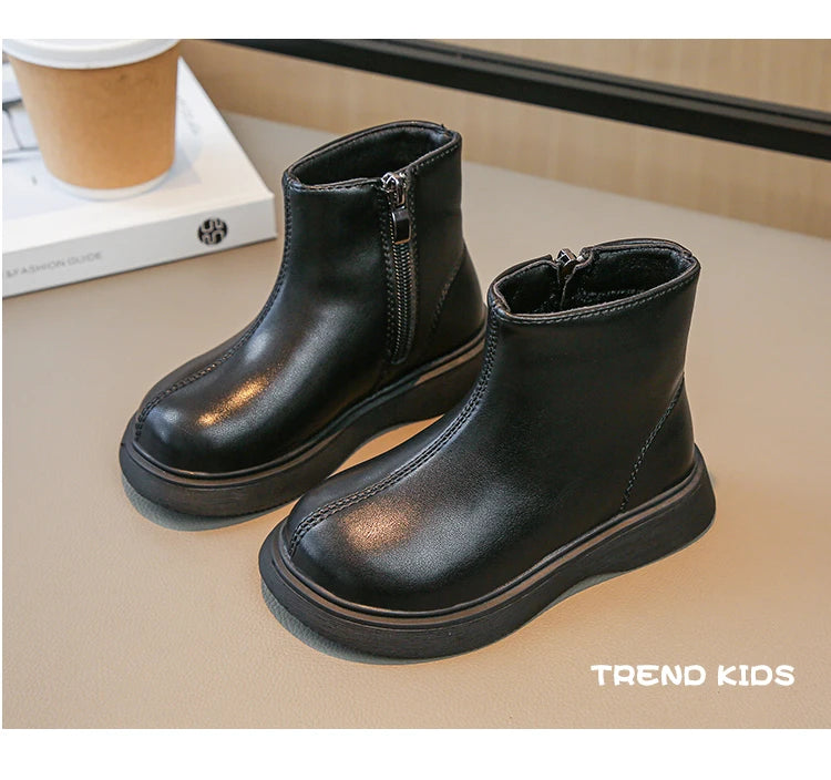 Children Fashion Boots Simple Girls Ankle Boot Black Kids Short Leather Boots Side Zipper Thick Bottom Autumn Winter 2024 New kids_shoes