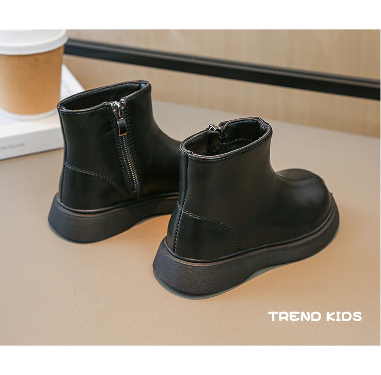 Children Fashion Boots Simple Girls Ankle Boot Black Kids Short Leather Boots Side Zipper Thick Bottom Autumn Winter 2024 New kids_shoes