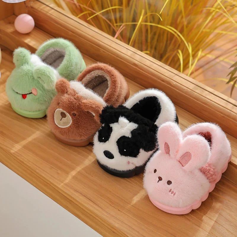 New Children's Cartoon Animals Heel Wrap Plush Slippers Soft Sole Non-slip Winter Warm Baby Boys Girls Indoor Home Cotton Shoes kids_shoes