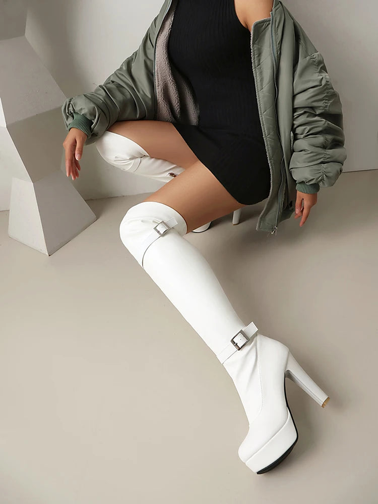 Double Row Metal Belt Buckle Side Zipper Round Toe Platform Ultra-High Thick Heel Over The Knee High Boots New Long Boots boots_platform