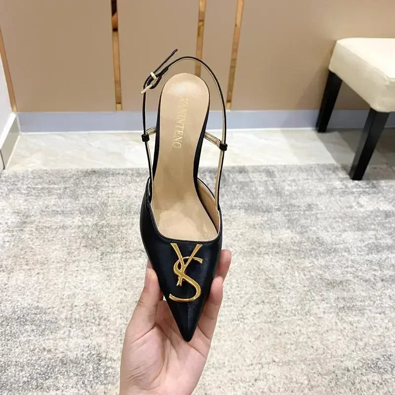 White Elegant Women's Stilettos Summer Fashion Sandals with Metal Buckle Baotou Pointed Back Design 2025 New Ladies' Shoes heels_stiletto