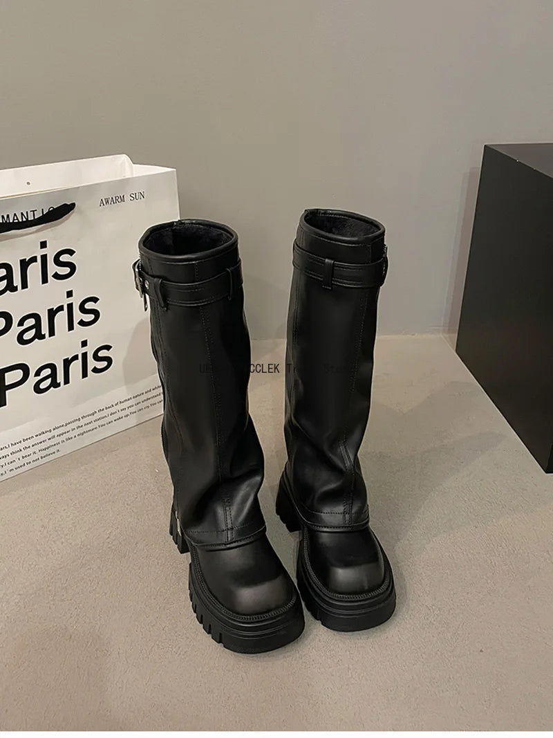 Winter Women Biker Boots Fashion Belt Buckle Ladies Elegant Platform Long Pipe Booties Casual Women's Knee High Booties boots_platform