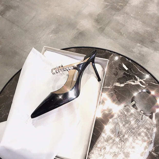 2025 Summer New High-heeled Stiletto Pointed Rhinestone Slippers Women's Outer Wear One-word with Baotou Half Drag Muller Shoes heels_bridal