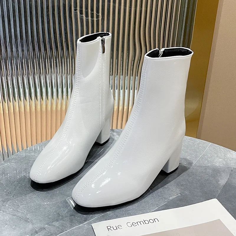 Leather Medium Heeled Short Boots for Women PU Soft Ankle Boots Side Zipper Comfortable Office Women Shoes Square Ladies Boats boots_highheel