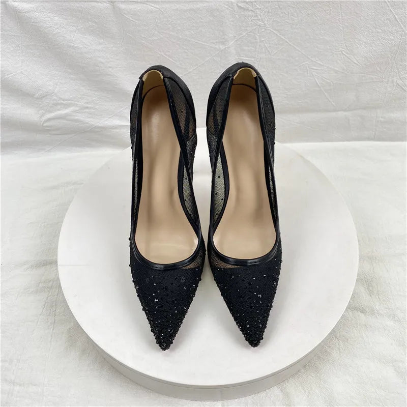 Breathable Mesh Rhinestone Shoes Women 8CM 10CM 12CM Stiletto Pumps Fashion Pointed Toe Summer Evening Party High Heels Black heels_stiletto