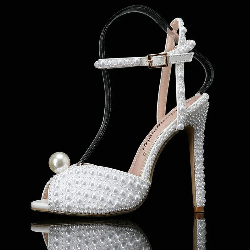 2025 New High Heels Thick Heel Shallow Mouth Women's Pearl Sandals Wedding Shoes Bridesmaid Shoes heels_bridal