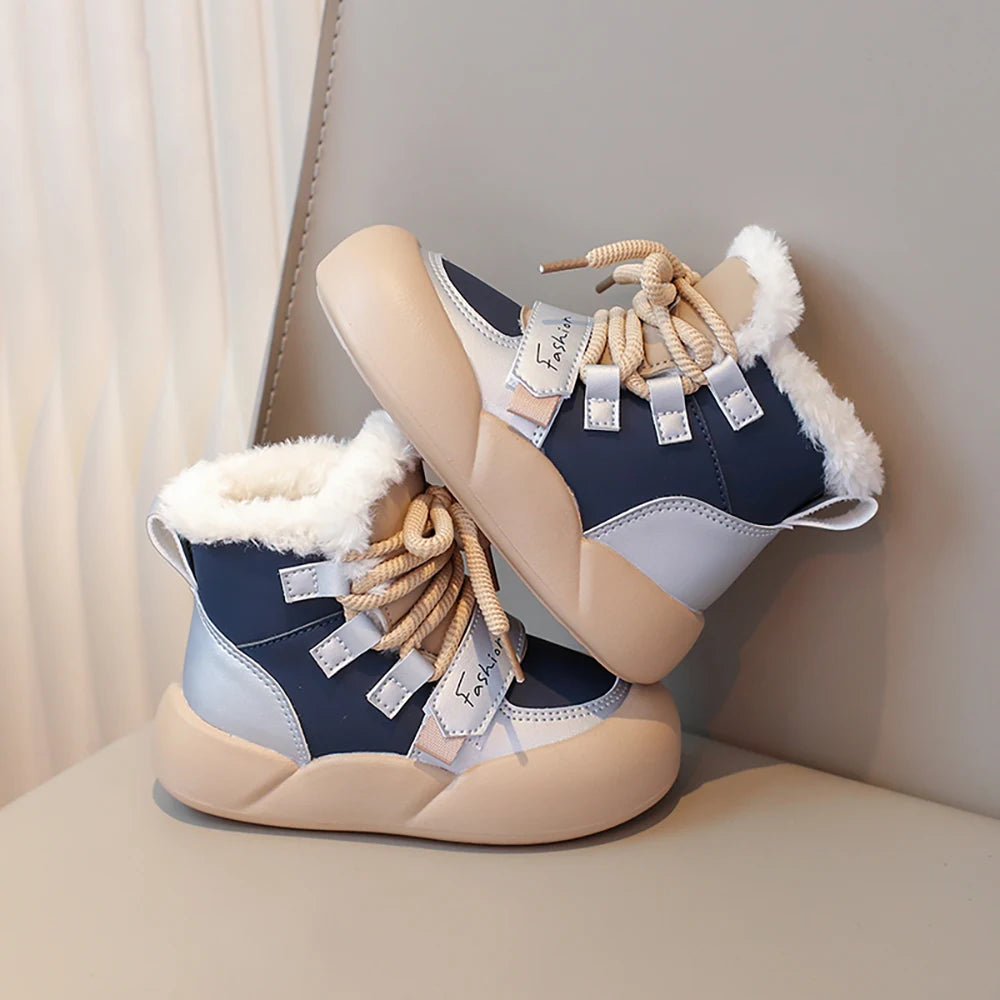 Winter Plush Snow Boots For Children PU Leather Waterproof Cotton Shoes Trend Fashion Teenager Kid's Velvet Boots Winter Shoes