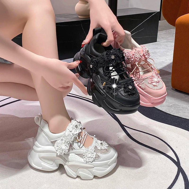 Women Platform Casual Breathable Crystal Flower Shoes Summer Chunky Sneakers 7.5CM Hidden Heels Hollow Leisure Shoes Woman sneakers_platform