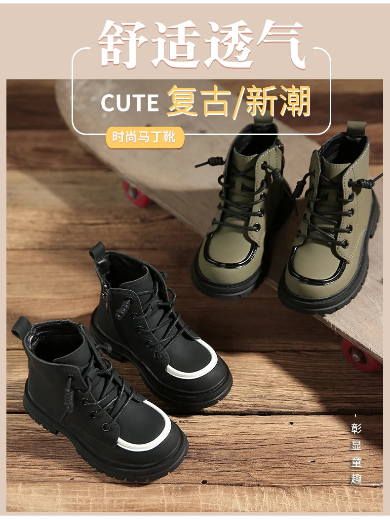 New Children Boots  soft leather Handsome Lace-up Trendy Kids Short Boot Matte PU Leather Anti-slip Unisex Boys Girls Shoes kids_shoes