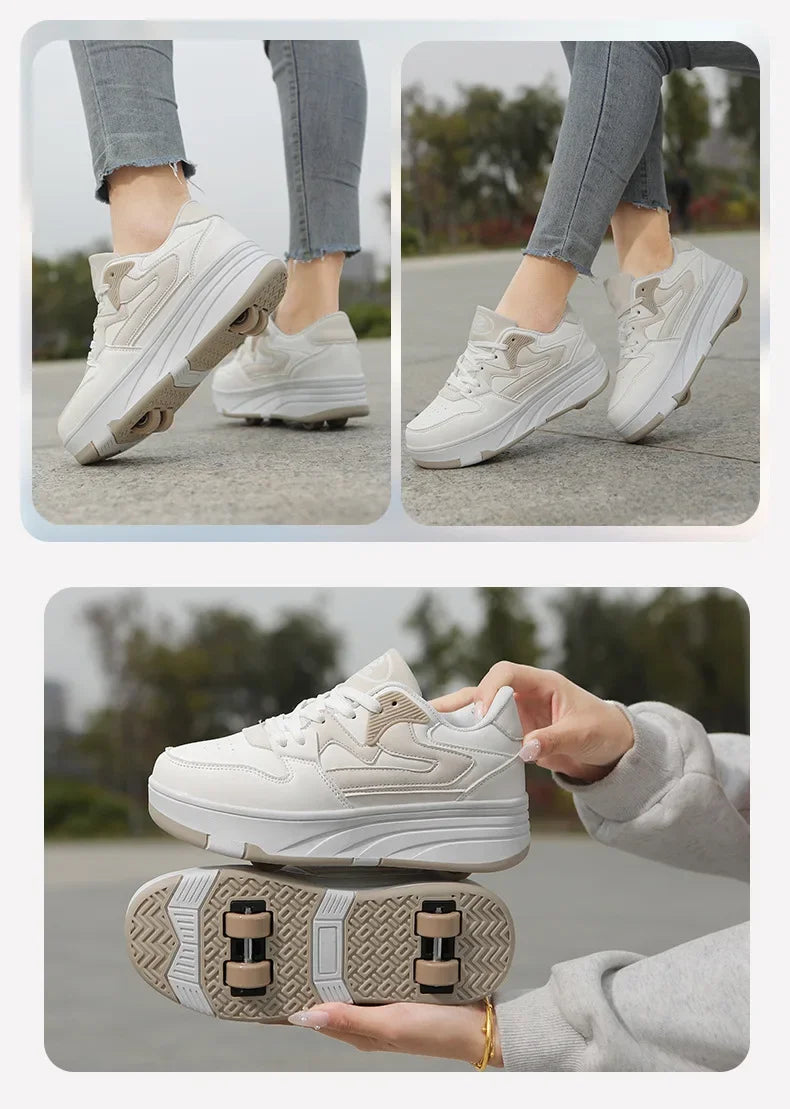 New Four Wheels Women & Girls PU Leather Children Roller Shoes Fashion Boys Sneakers Breathable Kids Skates Size 30-40 kids_shoes