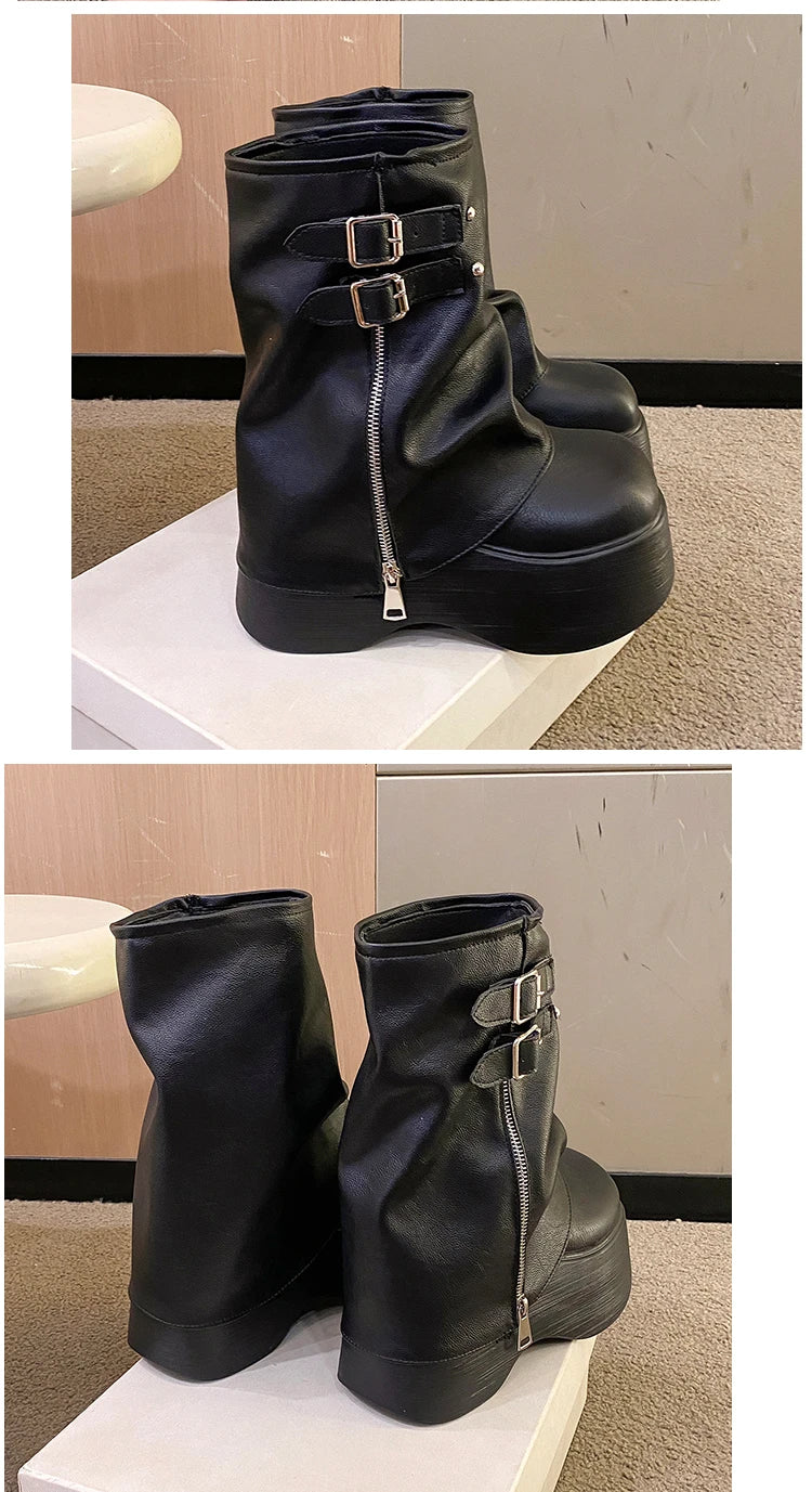 Soft Leather Ankle Mid Calf Boots Winter Autumn High Platform Wedge British Booties Woman New Ladies Chunky Motorcycle Boots 9CM boots_platform