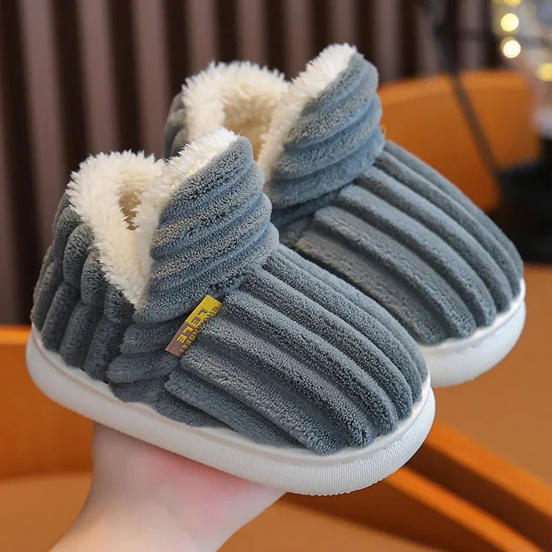 New Winter Concise Stripe Plush Slippers Children's Non-slip Soft Sole Kids Boys Girls Heel Wrap Warm High Home Cotton Shoes kids_shoes