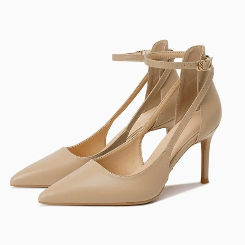 Ankle Strap Pointed Toe Women Slingback Pumps Black Matte Leather Hollow Stiletto High Heels Sandals 6CM and 8CM heels_stiletto