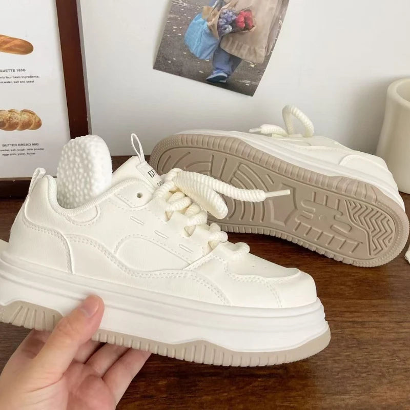 Round-toe Lace-up Casual White Thick-soled Vulcanized Shoes Seasonal New Comfortable Flat-soled Fashion Sneakers sneakers_women