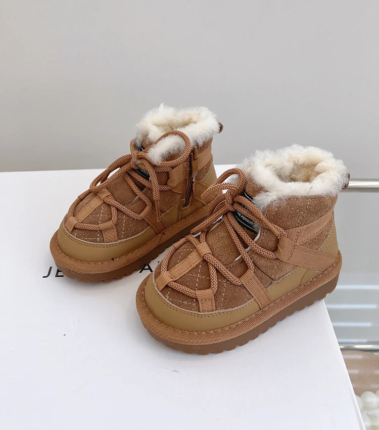 2025 New Winter Children Snow Boots Genuine Leather Warm Plush Toddler Boys Shoes Non-slip Fashion Baby Girls Boots 1-6 Years