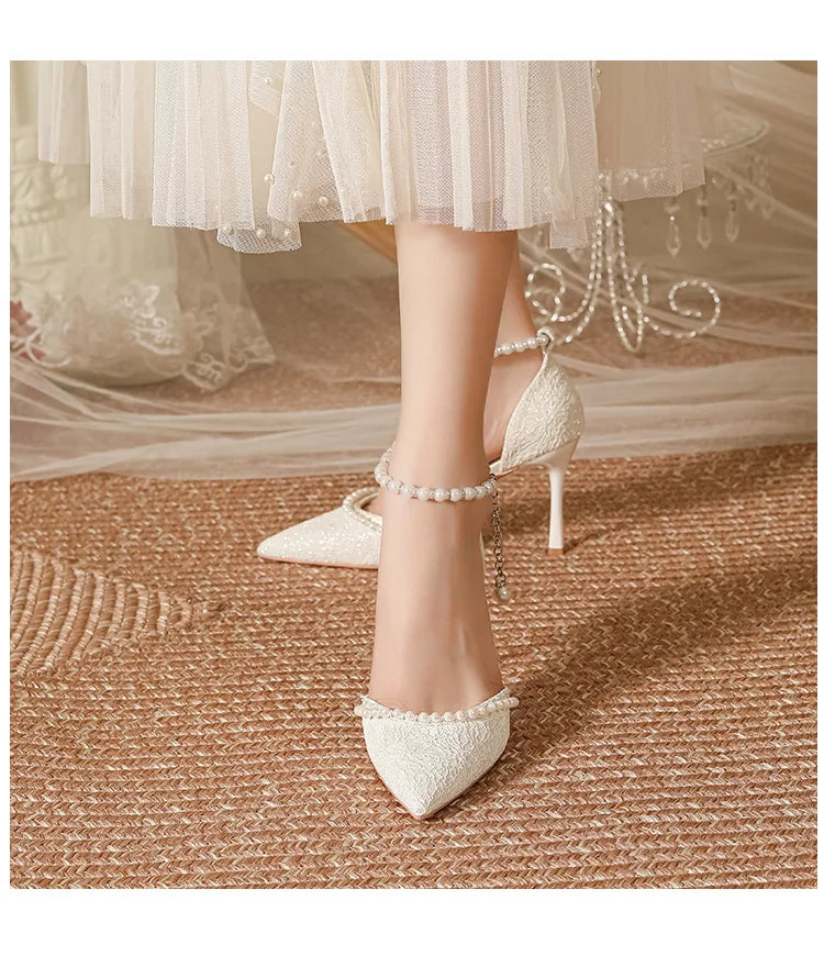 Size 30-44 Pearls Strap High Heels Lace Women White Wedding Shoes Stiletto Heel Point Toe Bride Bridesmaid heels_bridal