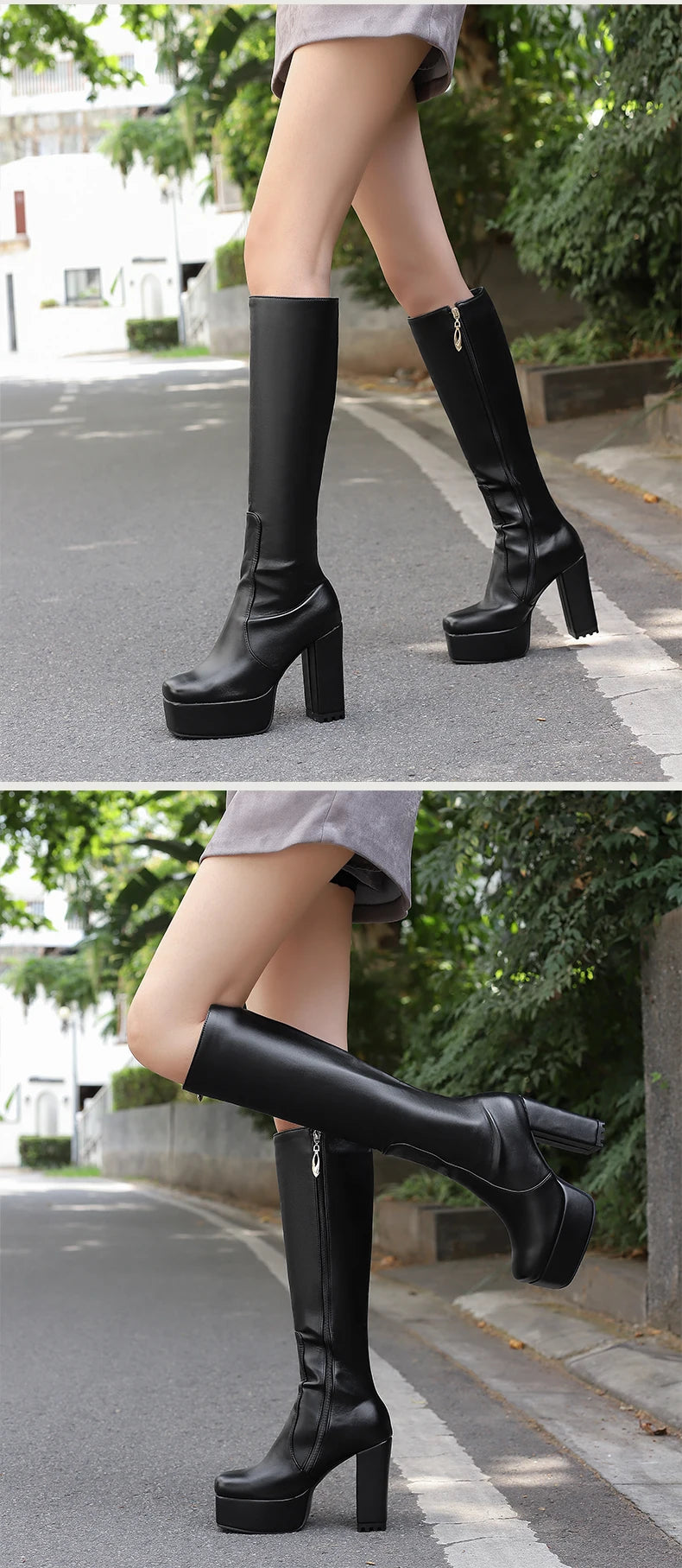 High Waterproof Platform Square Toe Solid Color Side Zipper Women's Knee High Boots Super High Thick Heel Office Boots boots_platform