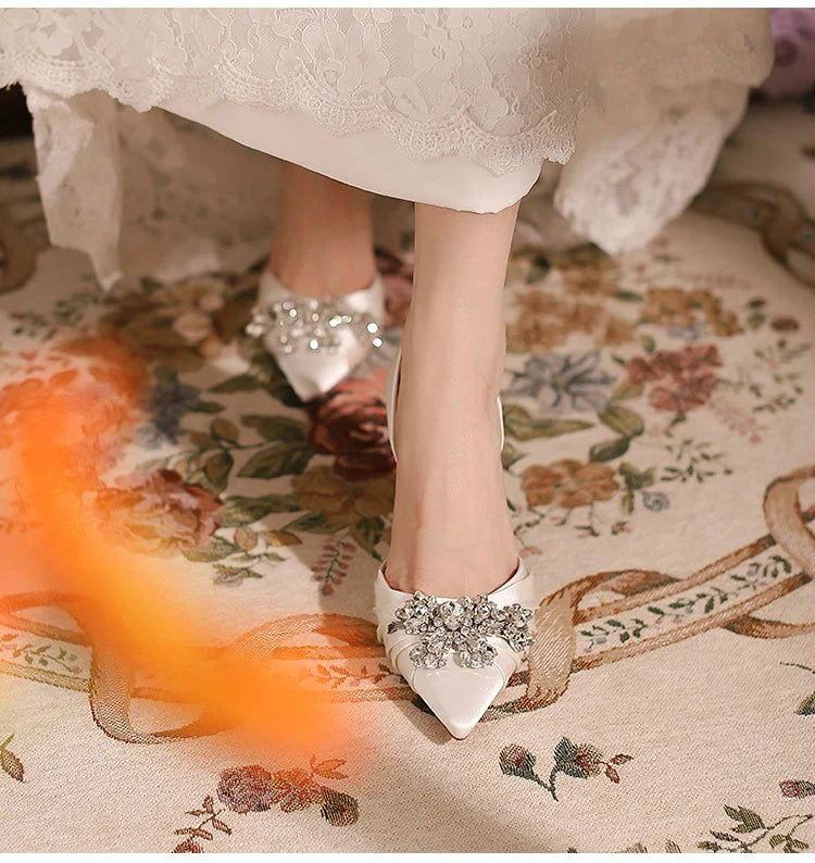 2025 Autumn New White French High Heels Pointy Rhine-Diamond Thin Heel Not Tired Foot Single Shoes Wedding Shoes heels_bridal
