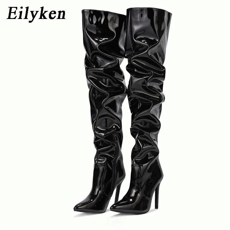 Eilyken Red Women Over The Knee Boots High Heels Patent Leather Solid Pointed Toe Stiletto Side Zipper Sapatos Femininos boots_highheel