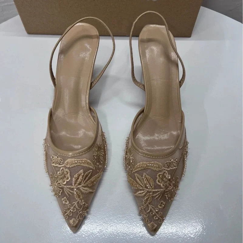 Women's Mesh Floral Embroidered Slingback High Heels Female Open Heel Pearl Studded Pointed Toe Sandals Sexy Stiletto Lady Mules heels_stiletto