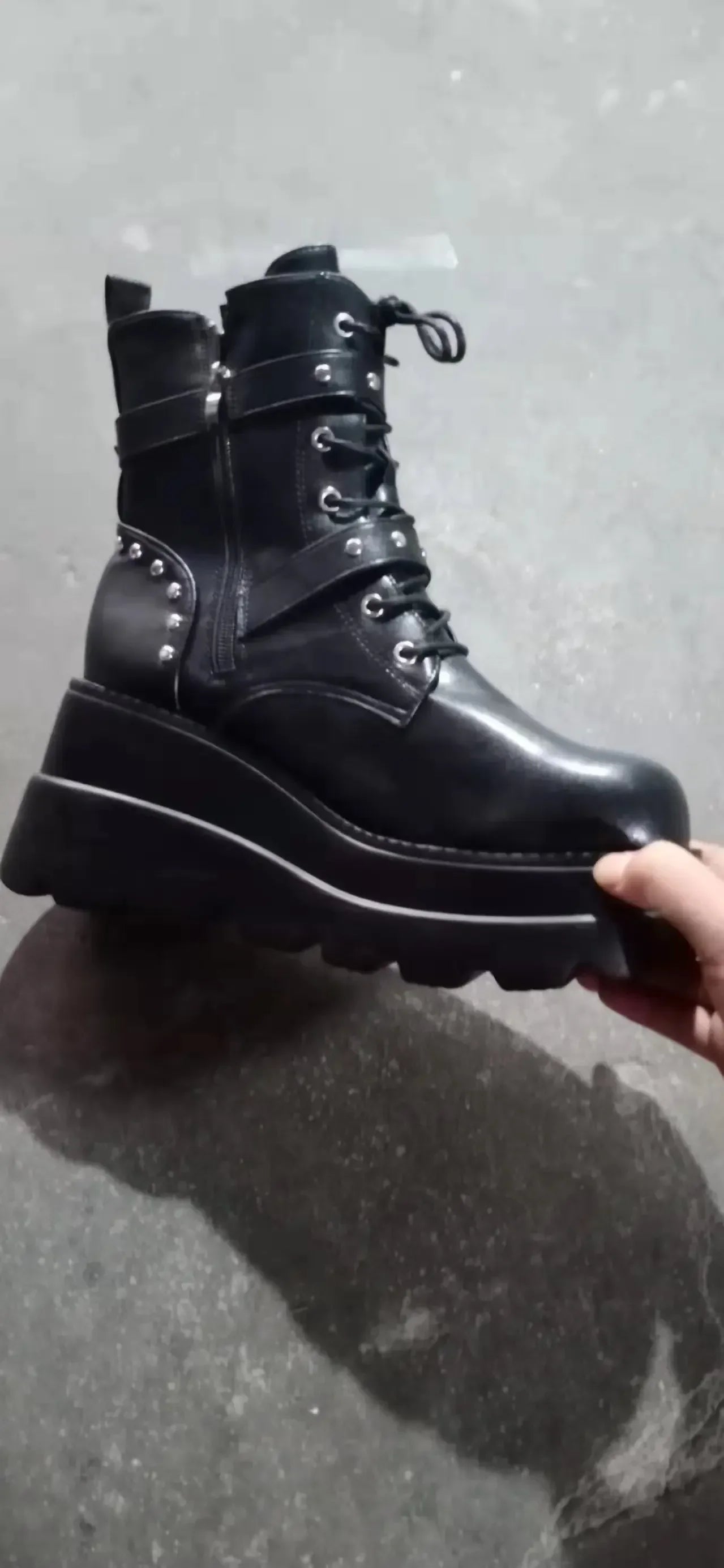 New Women's Pu Leather Ankle Boots Women Autumn Winter Round Toe Lace Up Shoes Woman Motorcycle Platform Botas Gothic Shoes boots_platform