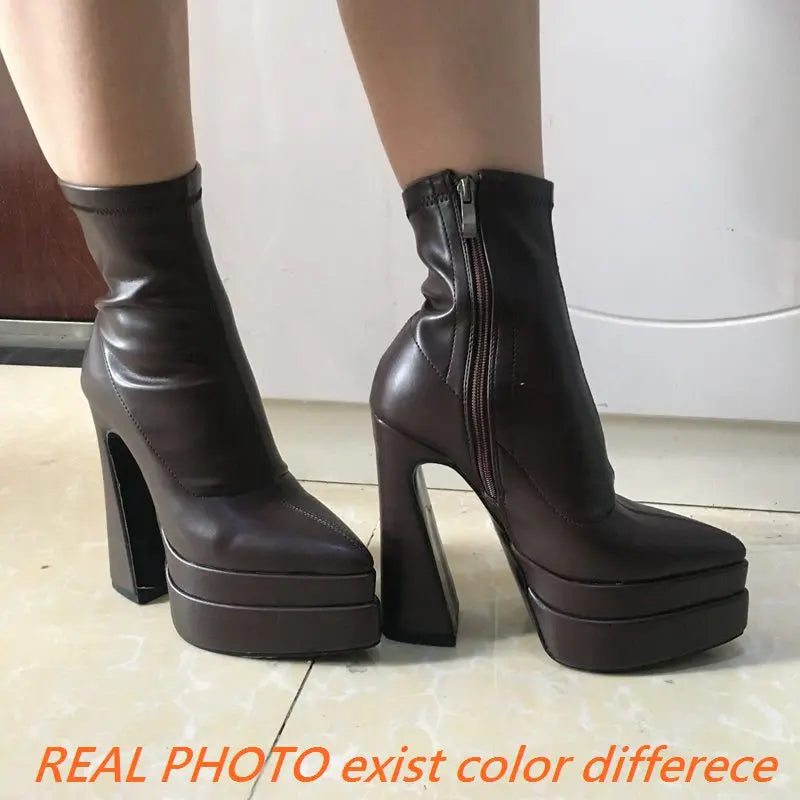 REAVE CAT Ladies Boots 15cm Shaft Stretchy Pointed Toe High Heel 6 inch Platform 5cm Big Size 46 Party boots_platform