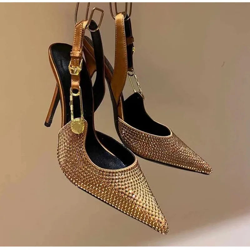 Women Shoes Luxury Rhinestones Sequined Buckle High Heels Elegant Pointed Toe Slingbacks Stiletto Shoes for Women Fashion Shoes heels_stiletto