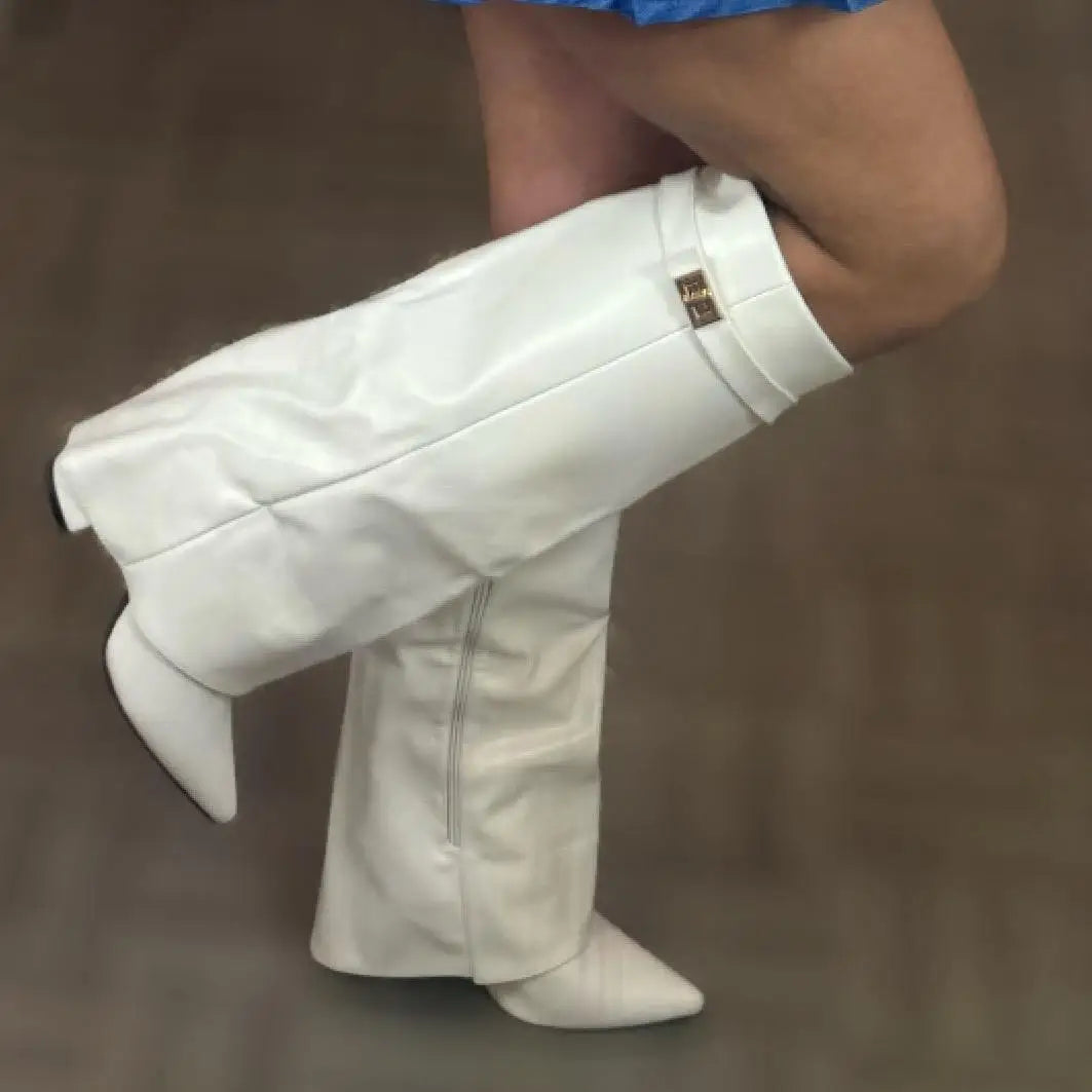 Autumn And Winter New Pointed Metal Buckle Knee High Women's Boots Thick High-heeled Pants Boots Ladies Fashion Mid Leg Boots boots_highheel