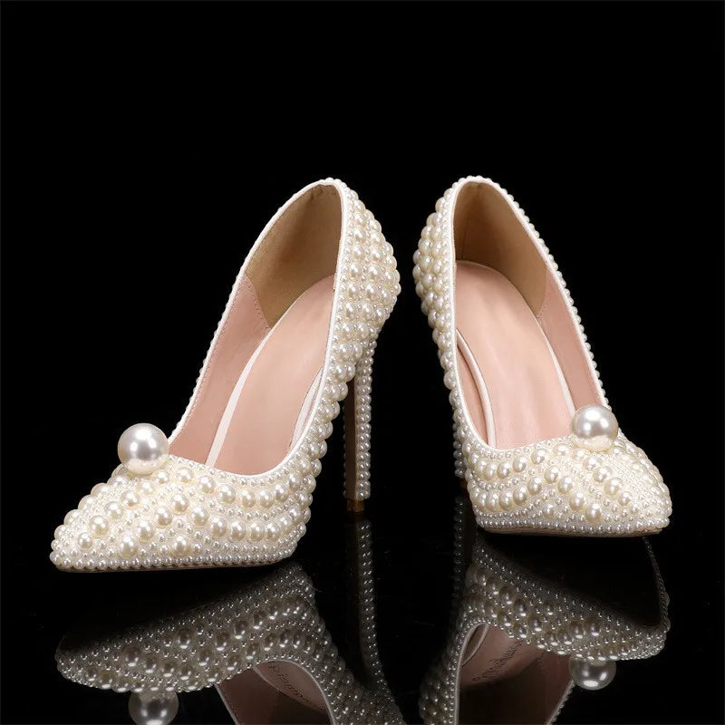 Luxury All perals Decoration White Women Pumps Fashion Spring Autumn Elegant 11CM Thin High heels Wedding Bridal Prom Shoes heels_bridal