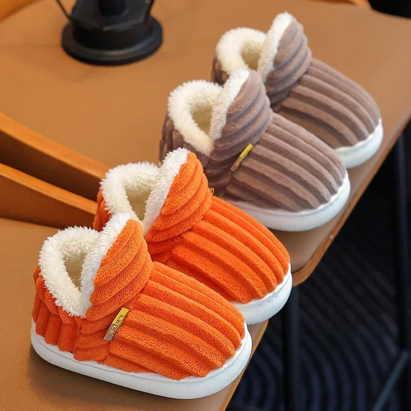 New Winter Concise Stripe Plush Slippers Children's Non-slip Soft Sole Kids Boys Girls Heel Wrap Warm High Home Cotton Shoes kids_shoes