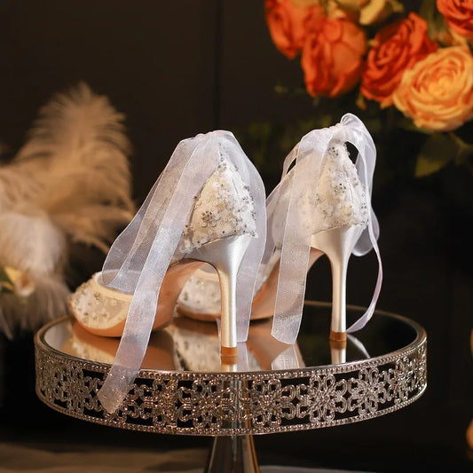 French Style White Wedding Shoes Senior Sense Wrapped Head Sandals Women'S Summer Lace Mesh Hollow High Heels Bride Single Shoes heels_bridal