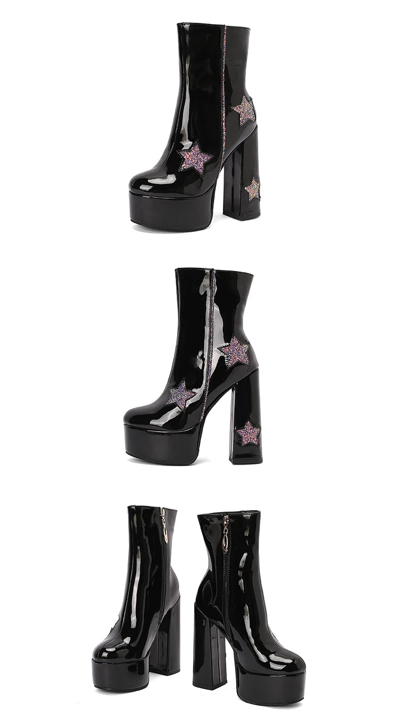 Plus Size Shiny Patent Leather Inlaid With Five-Star Sequin Cloth Super High Platform Women's Short Boots Side Zipper Sweet Boot boots_platform