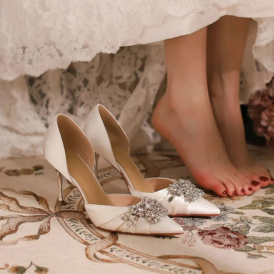 2025 Autumn New White French High Heels Pointy Rhine-Diamond Thin Heel Not Tired Foot Single Shoes Wedding Shoes heels_bridal