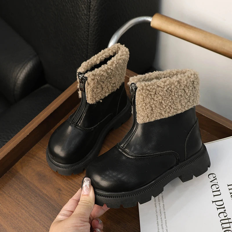Winter Children's Ankle Boots Warm Simple Toddler Girls Causal Cotton Boots Thick Bottom Trend Kids Fashion Leather Boots Zipper kids_shoes