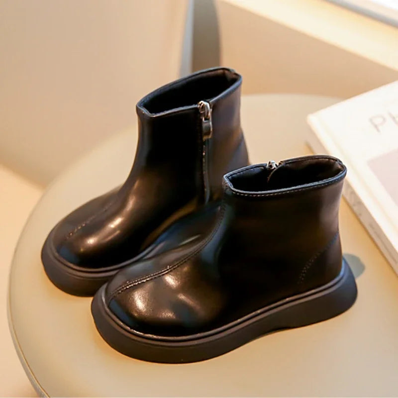 Autumn Winter Children's Boots Fashion Simple Style Girl's Ankle Boot Causal Versatile Black Kid Short Leather Boots Side Zipper kids_shoes