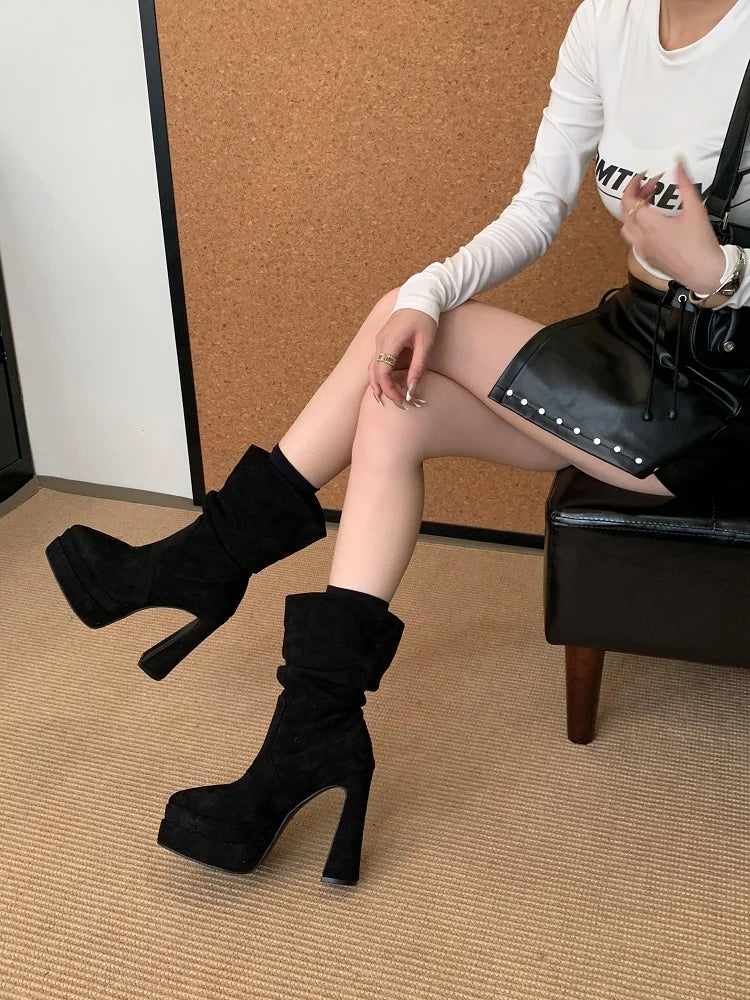 Eilyken Solid Platform Woman Ankle Boots Fashion Pointed Toe Square High Heels Shoes Punk Style Modern Bottes Femmes boots_platform