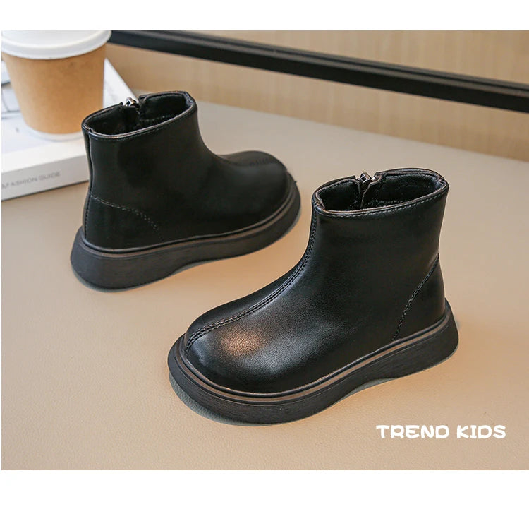 Children Fashion Boots Simple Girls Ankle Boot Black Kids Short Leather Boots Side Zipper Thick Bottom Autumn Winter 2024 New kids_shoes