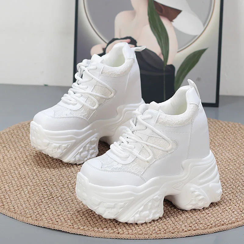 14CM Air Mesh Synthetic Genuine Leather Platform Wedge Flats Women Vulcanize Hollow Summer Chunky Sneakers Shoes  sneakers_platform