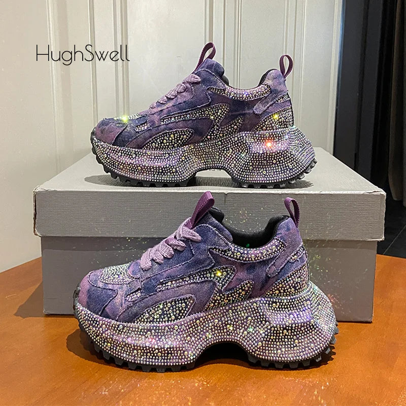 Rhinestone Cover Thick Sole Denim Canvas Sneaker Woman Bling Rivet Chunky Daddy Shoe Ladies Luxury Brand Design Crystal Zapatos sneakers_platformis sneakers_luxury