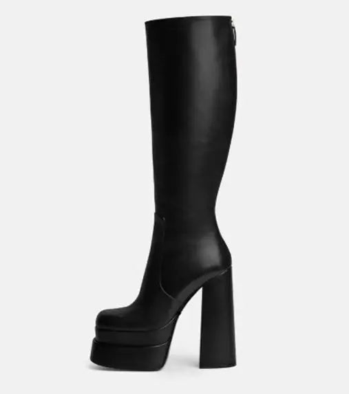 Size 35-46 Women Square Toe Knee-high Boots 15CM Back Zipper Black Chunky Platform Boots Europe and America New Goth Woman Shoes boots_platform
