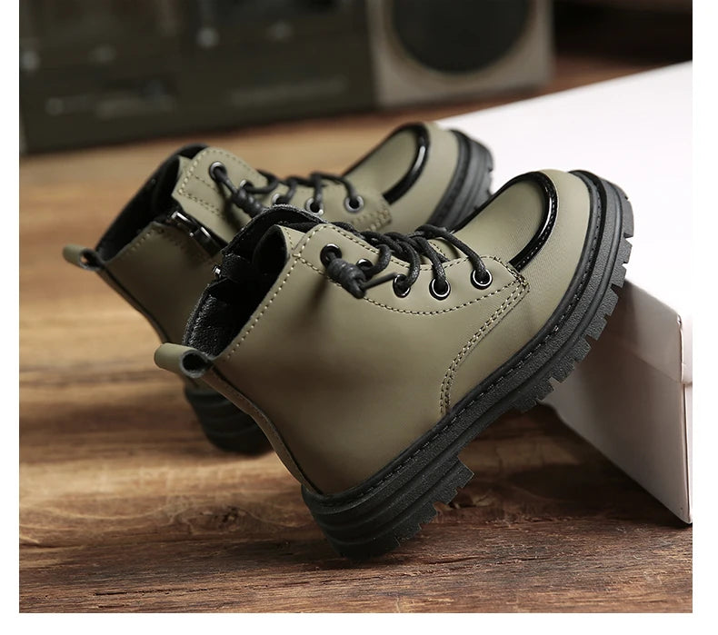 New Children Boots  soft leather Handsome Lace-up Trendy Kids Short Boot Matte PU Leather Anti-slip Unisex Boys Girls Shoes kids_shoes