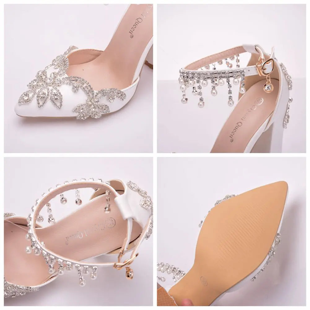 10CM White Pointed Crystal Wedding Shoes Thick Heel Ultra-high Heel Bridal Shoes One-line Buckle Strap Tassel Rhinester Women heels_stiletto