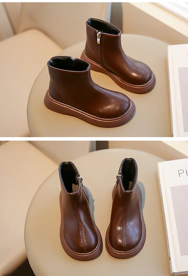 Autumn Winter Children's Boots Fashion Simple Style Girl's Ankle Boot Causal Versatile Black Kid Short Leather Boots Side Zipper kids_shoes
