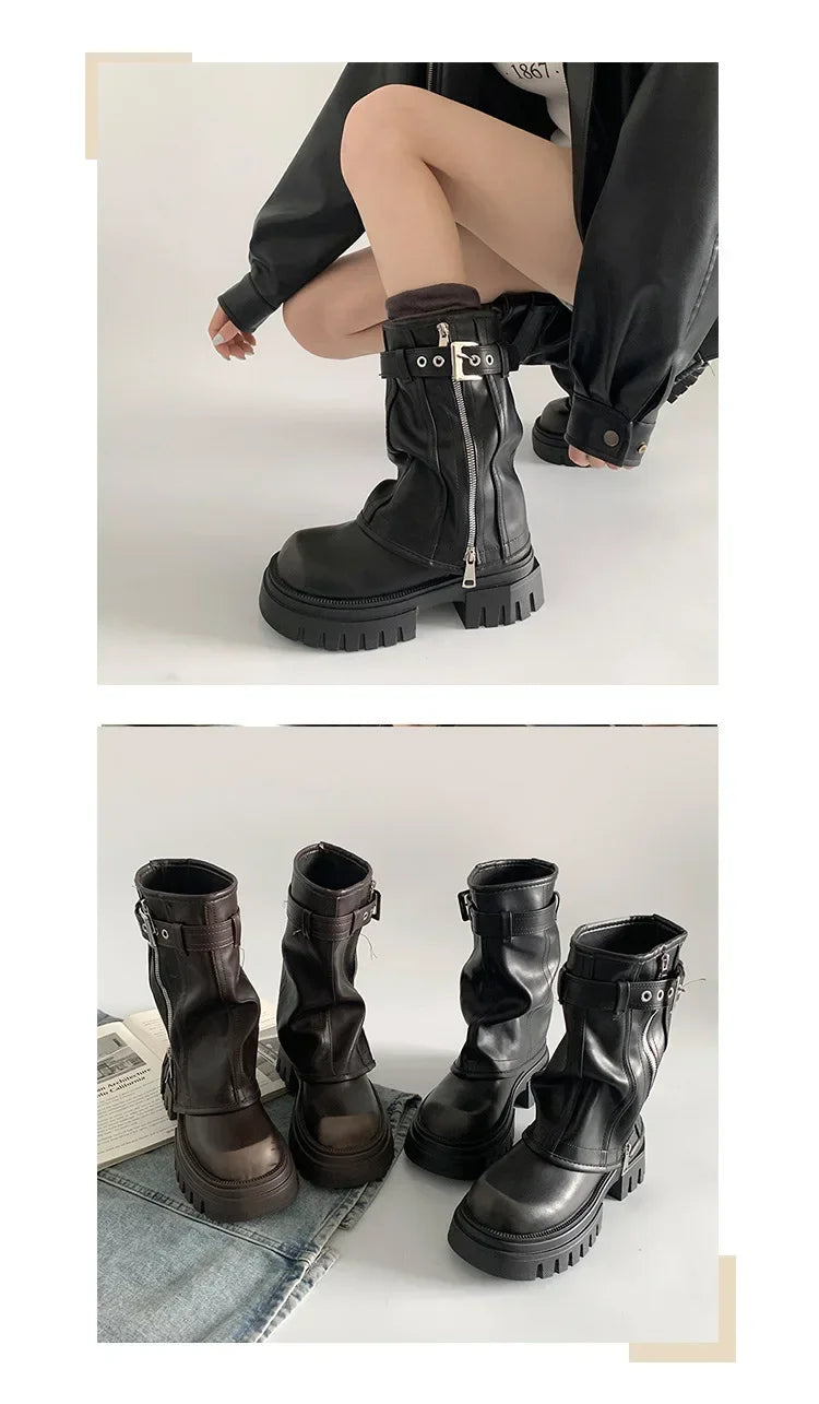 Winter Women Biker Boots Fashion Belt Buckle Ladies Elegant Platform Long Pipe Booties Casual Women's Knee High Booties2025 boots_platform