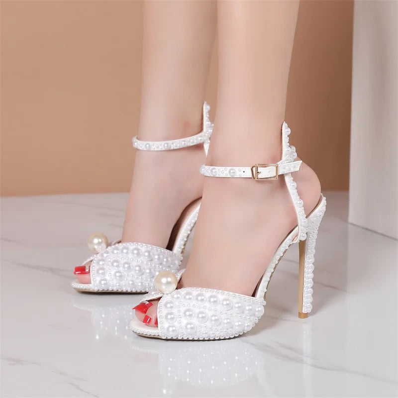 2025 Autumn New Fish Mouth High Heels Slim Heels Shallow Mouth Water Diamond Pearl Women's Single Shoes Wedding Wedding Shoes heels_bridal