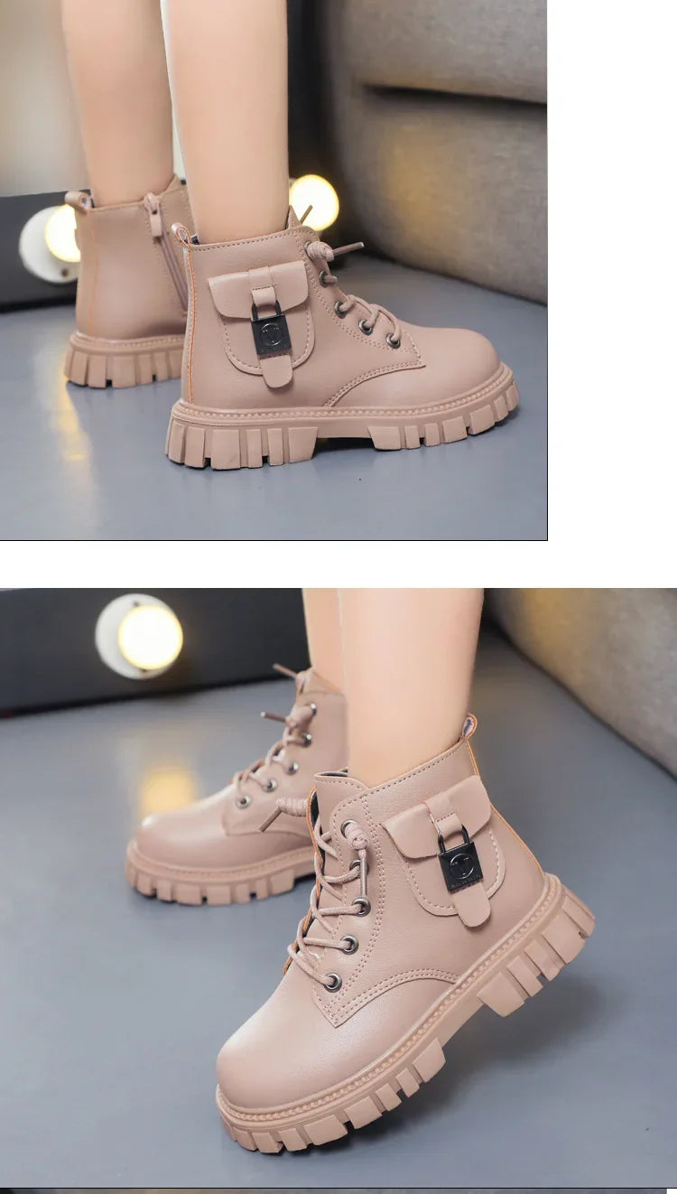 Children Leather Boots Girls Fashion Autumn Winter New Casual Comfortable Short Boots Warm Kids Versatile Anti-slip Cotton Boots